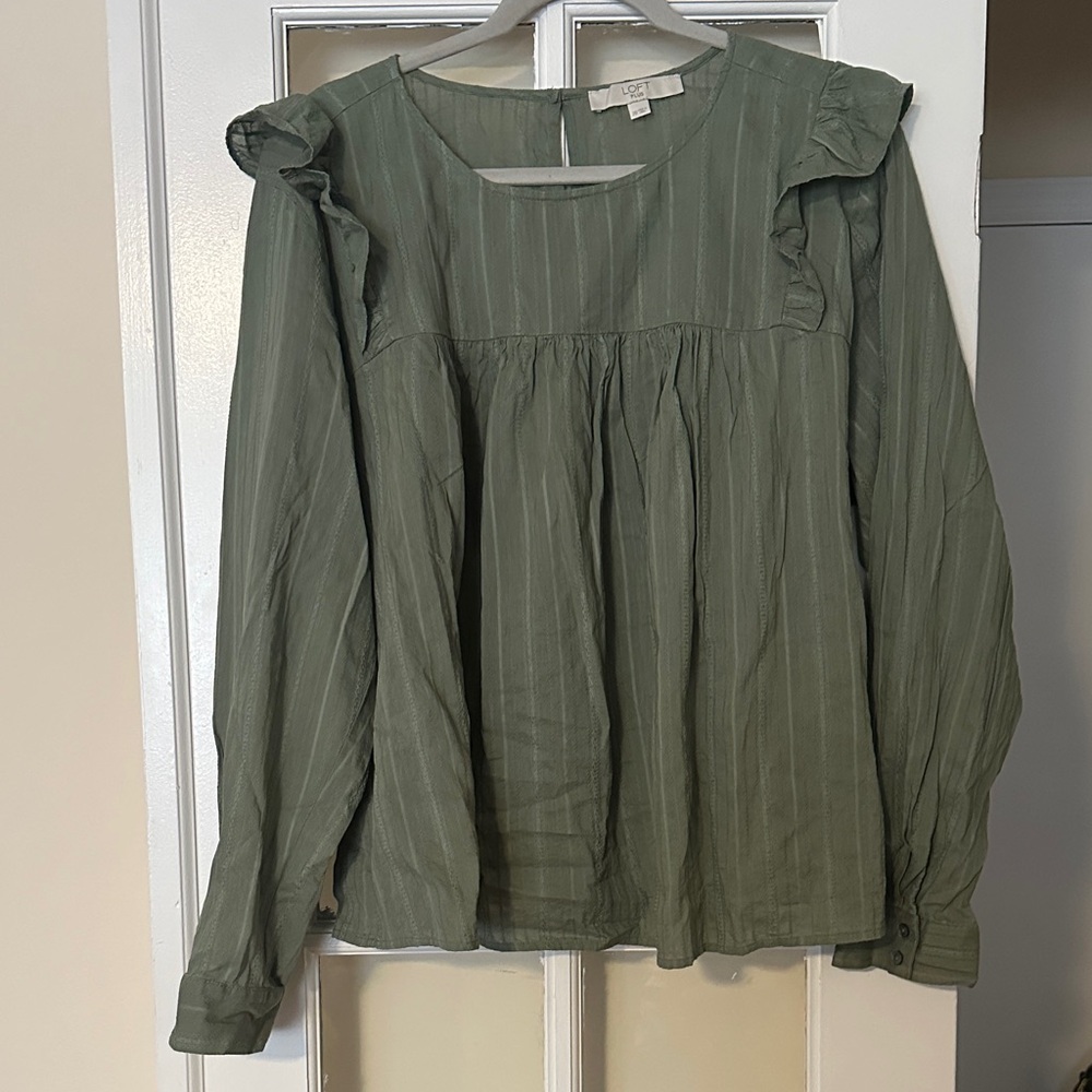 LOFT Olive Green Ruffle- Long Sleeve Blouse